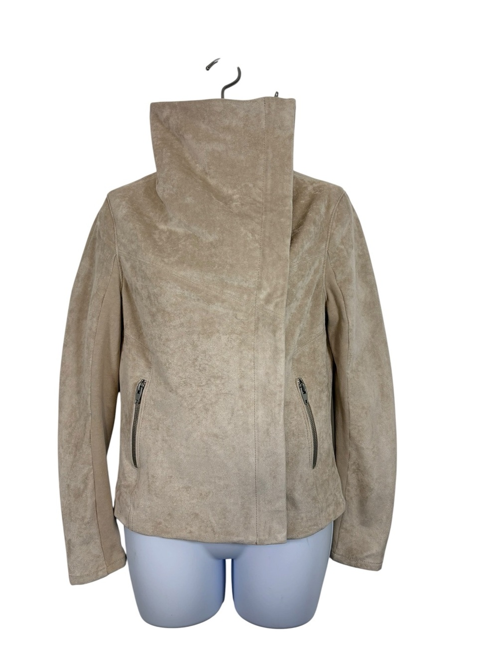 SL8 Beige Faux Suede Moto Jacket Size Small Asymmetrical Zip Draped Collar - Picture 5 of 14